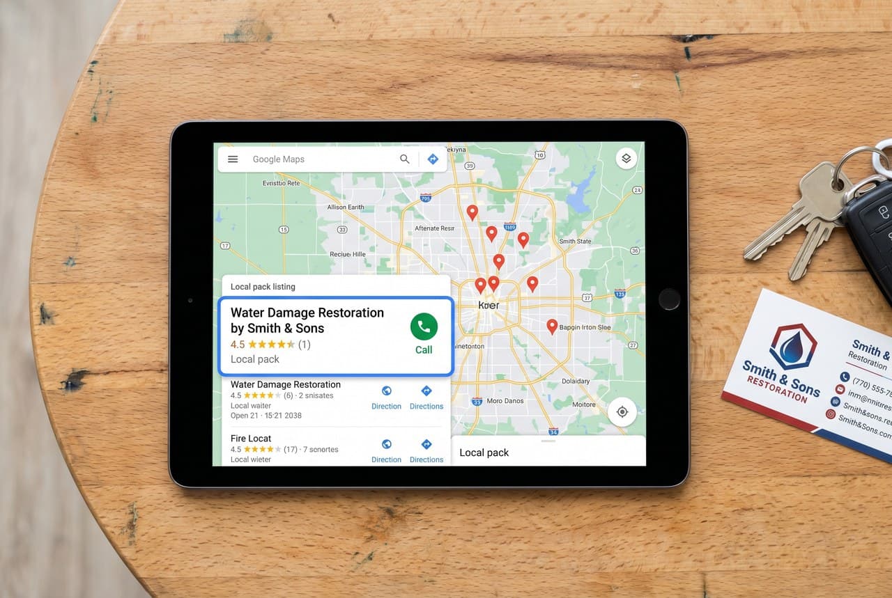Tablet showing the Google Maps local pack with a restoration company pinned first