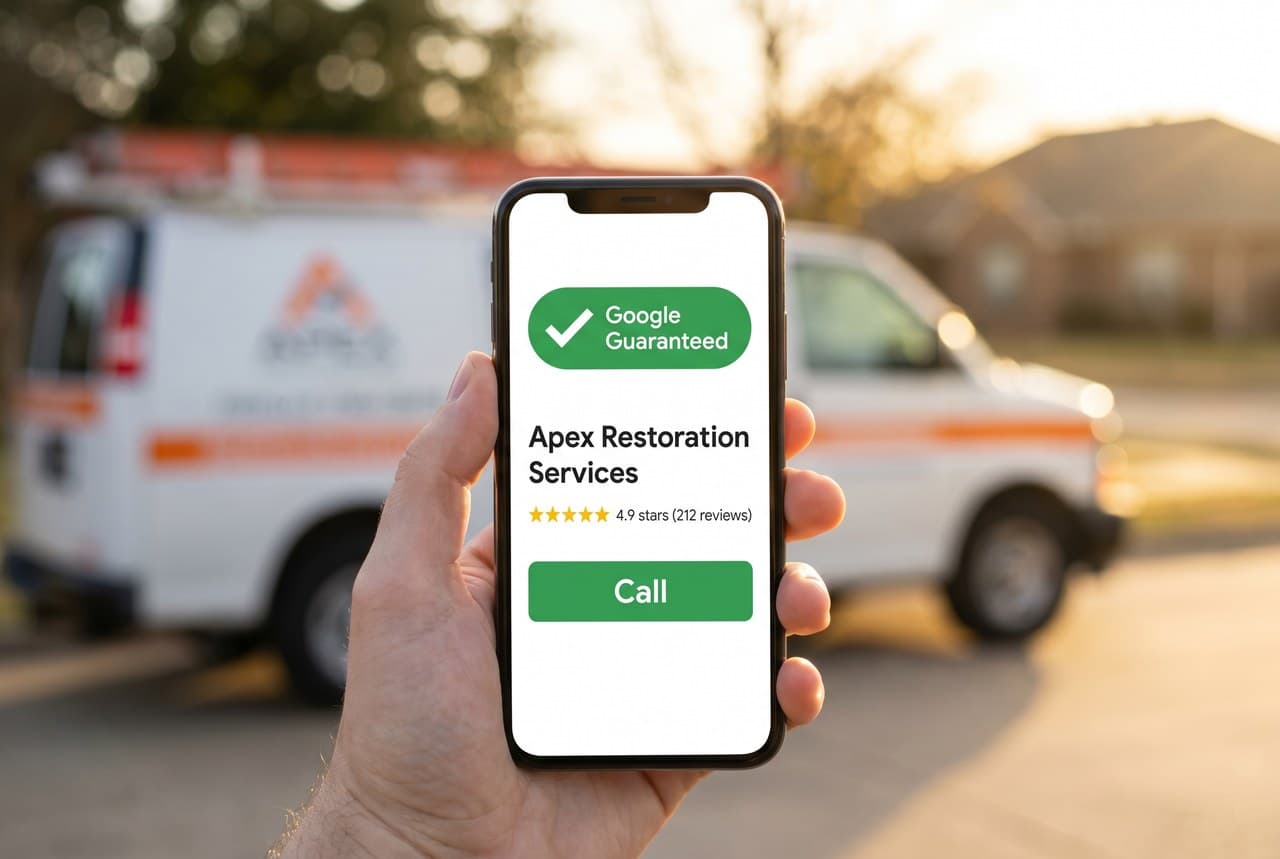 Phone showing a Google Guaranteed local service ad badge for a restoration company