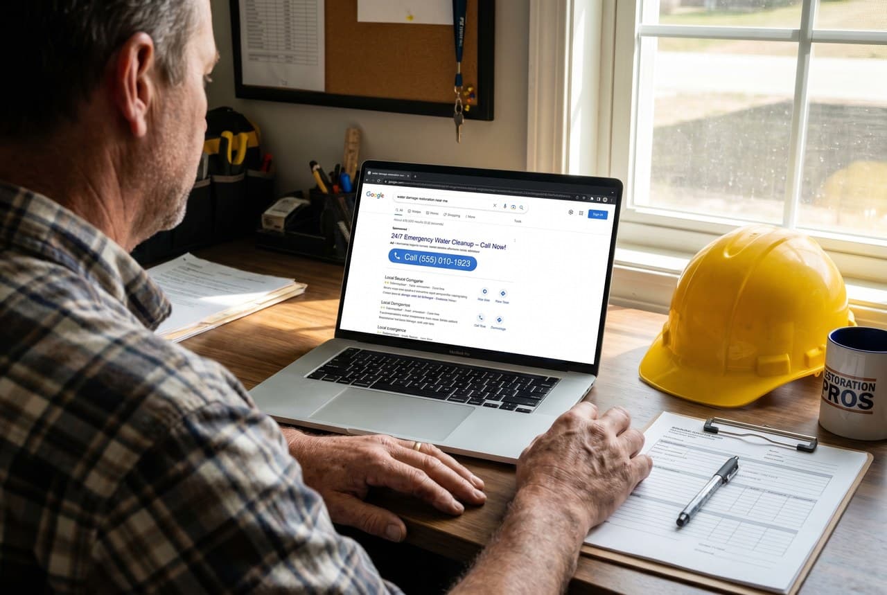 Restoration owner at his desk viewing a sponsored Google ad for water damage on a laptop