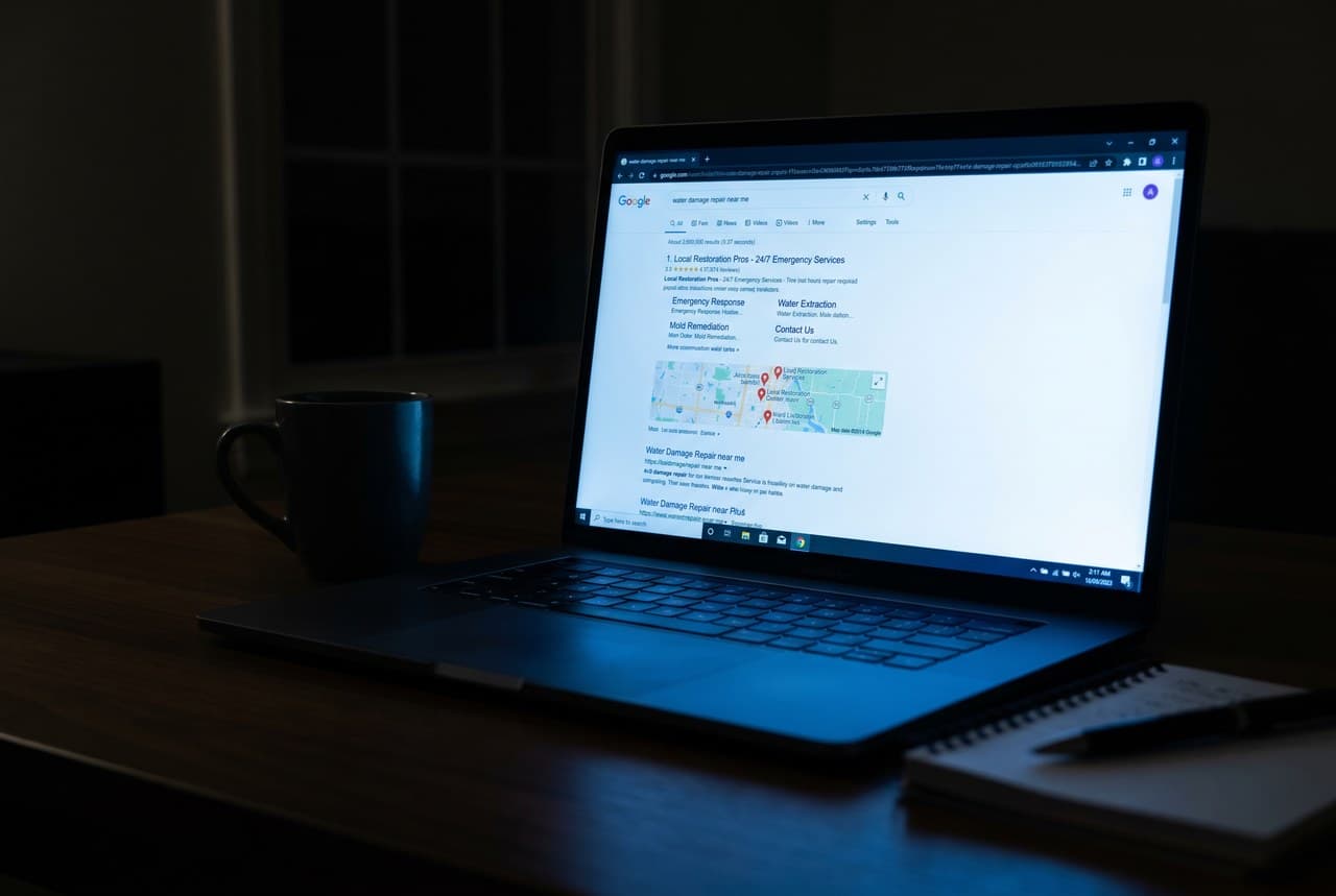 Laptop at night showing a Google search for water damage repair with a restoration company ranked first